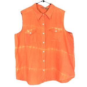 Chicos 3 (XL 16 18) Linen Sherbet Orange Tie Dye Sleeveless Coastal Button Shirt